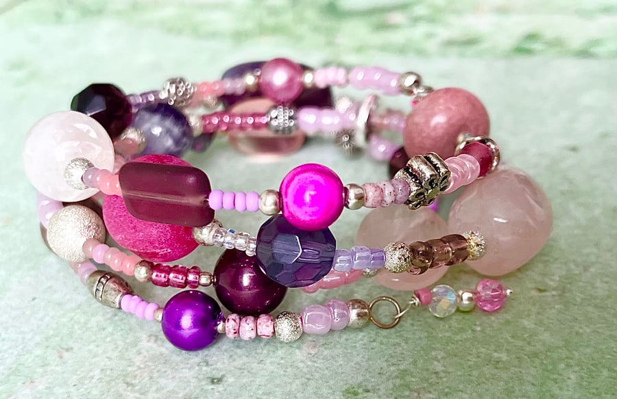 Purple & Pink Glass Bead Memory Wire Bracelet .235