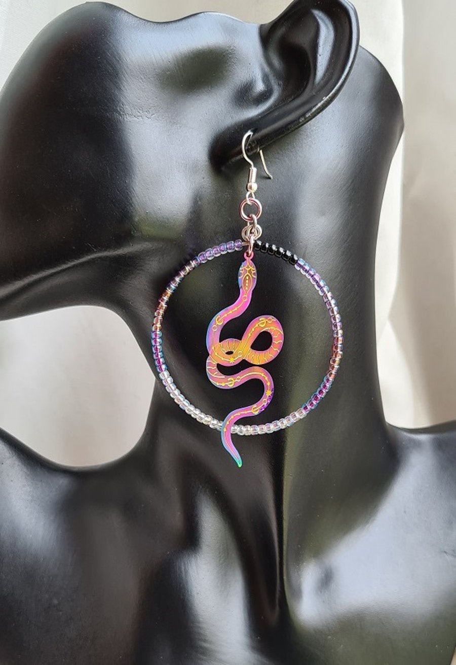 A Touch Of Stheno - Large Serpent Earrings - Pinks and Purples