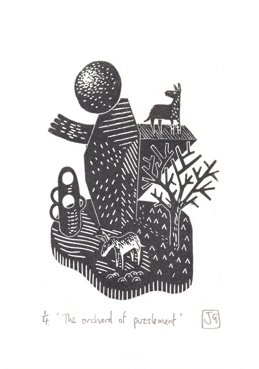 The Orchard Of Puzzlement A5 linocut print