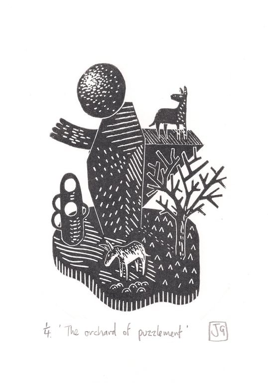 The Orchard Of Puzzlement A5 linocut print