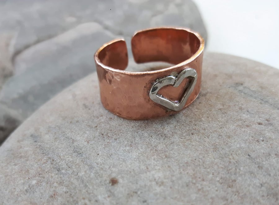Hammered Copper Ring with Sterling Silver Heart, Adjustable Size 