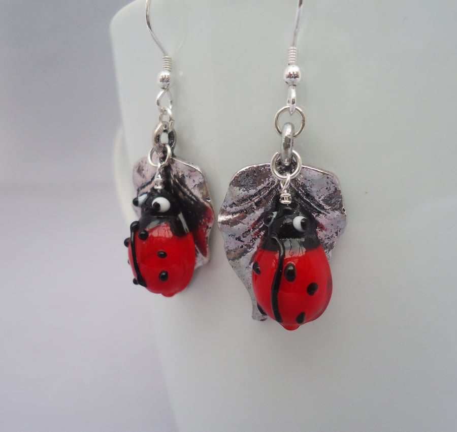 Lady Bird Earrings, Leaf and Lady Bird Earrings, Lampwork Lady Birds Earrings