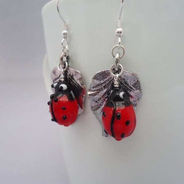 Lady Bird Earrings, Leaf and Lady Bird Earrings, Lampwork Lady Birds Earrings