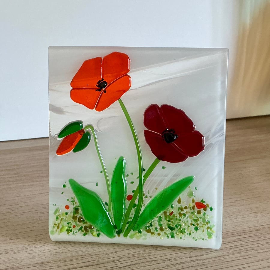 Fused glass poppy, freestanding glass flower panel