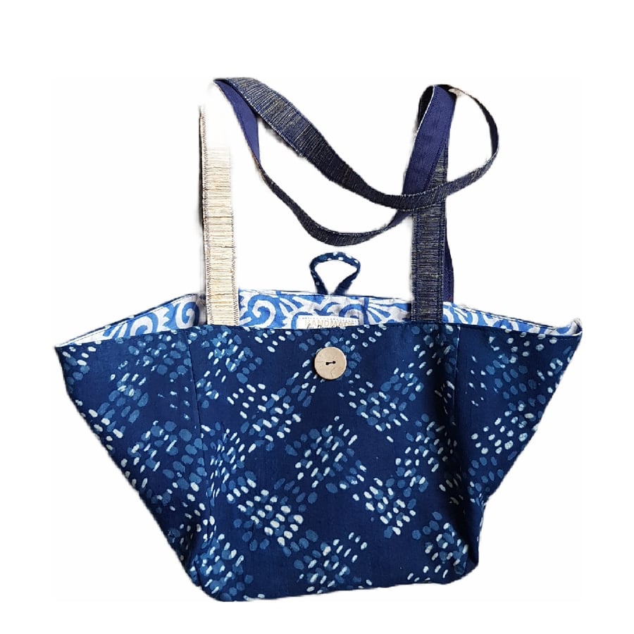 Indian block print shoulder bag: indigo dashes 