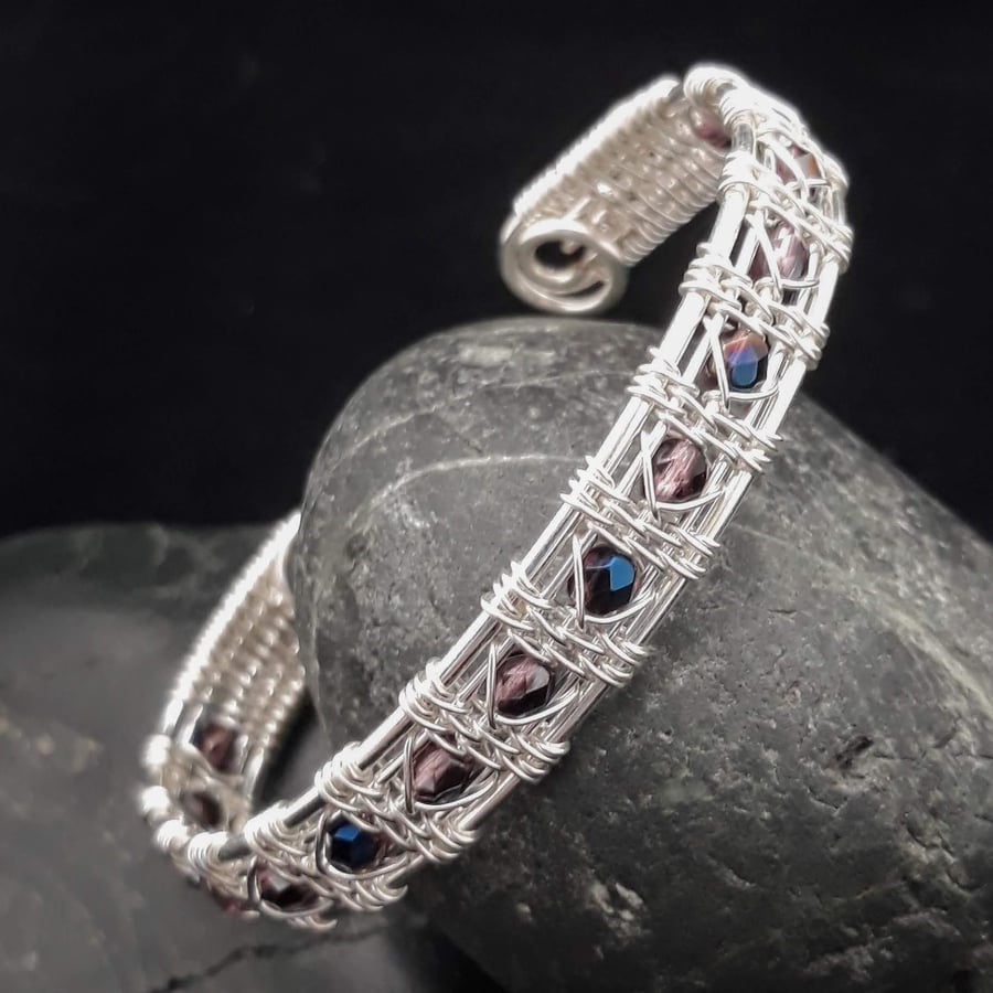 Wire Woven Silver Plated Cuff with Purple & Metallic Blue Beads