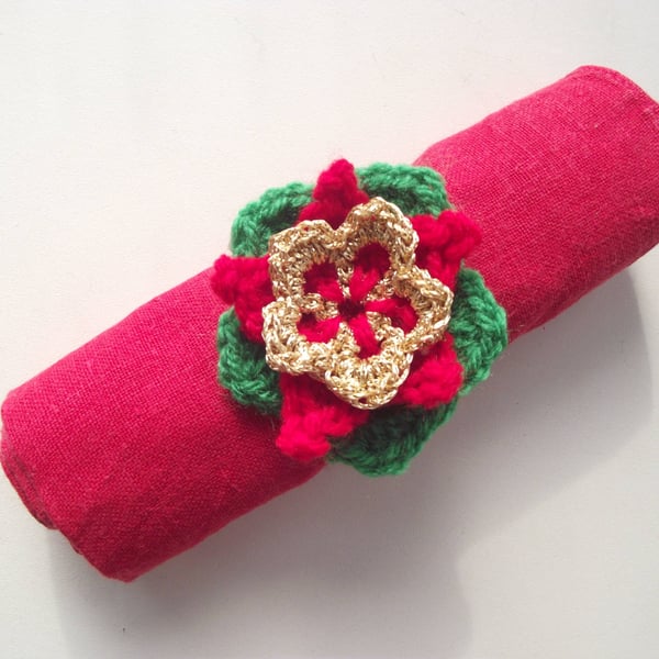 Christmas Napkin Rings, Set of 6, Red, Green, Gold, Crochet 