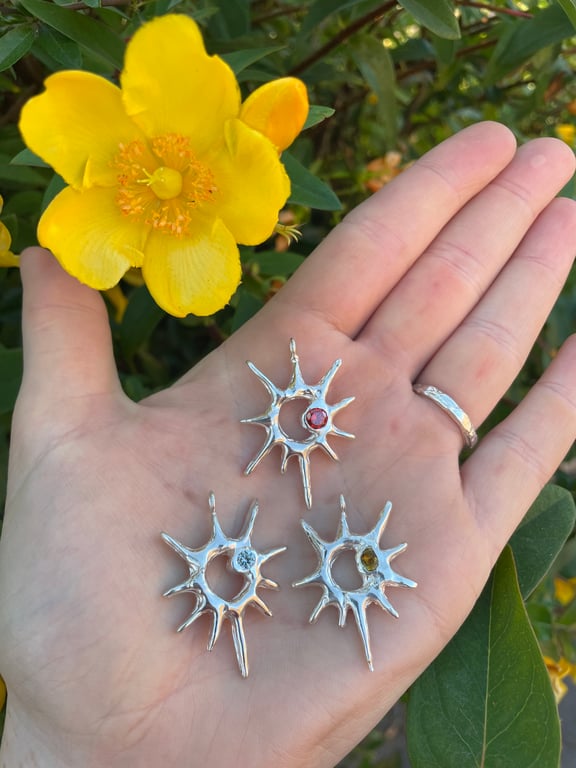 Sterling silver summer solstice pendant, unique sun symbol with gemstone