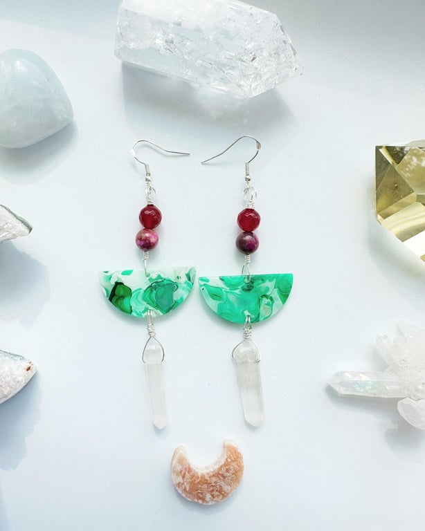 Raw Quartz Moon crystal earrings, Ruby Jade Jasper, Moon Jewellery