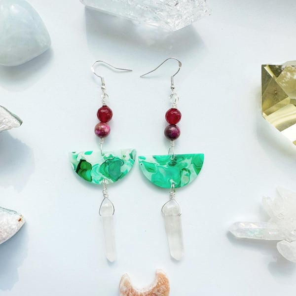 Raw Quartz Moon crystal earrings, Ruby Jade Jasper, Moon Jewellery