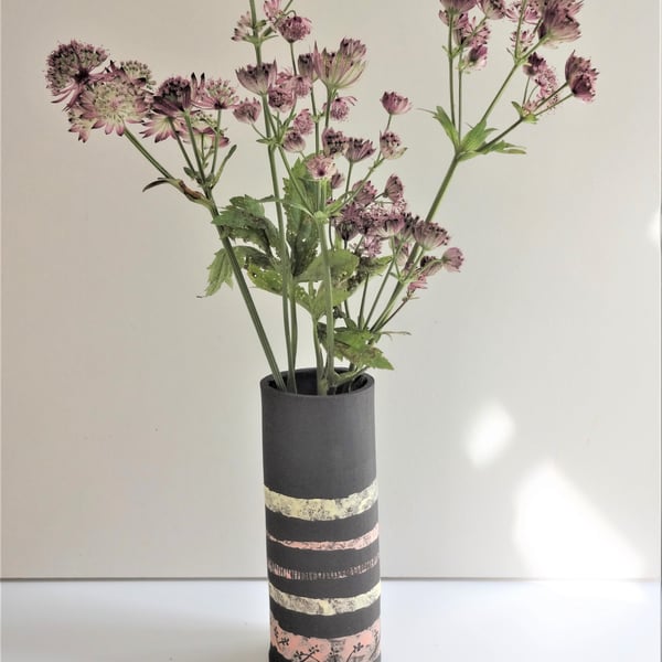 Zoe.  Handmade black ceramic vase with lemon and pink stripes and motifs