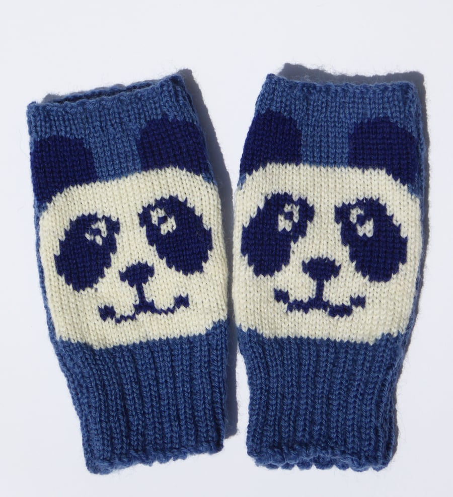 Fingerless Wool Gloves with a cute blue Panda design
