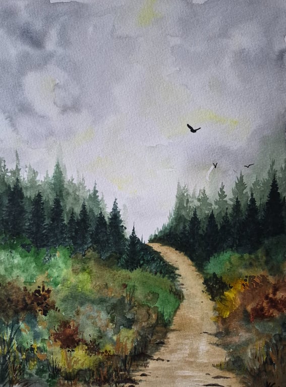 Original Watercolour Painting forest trees signed one of a kind wall art