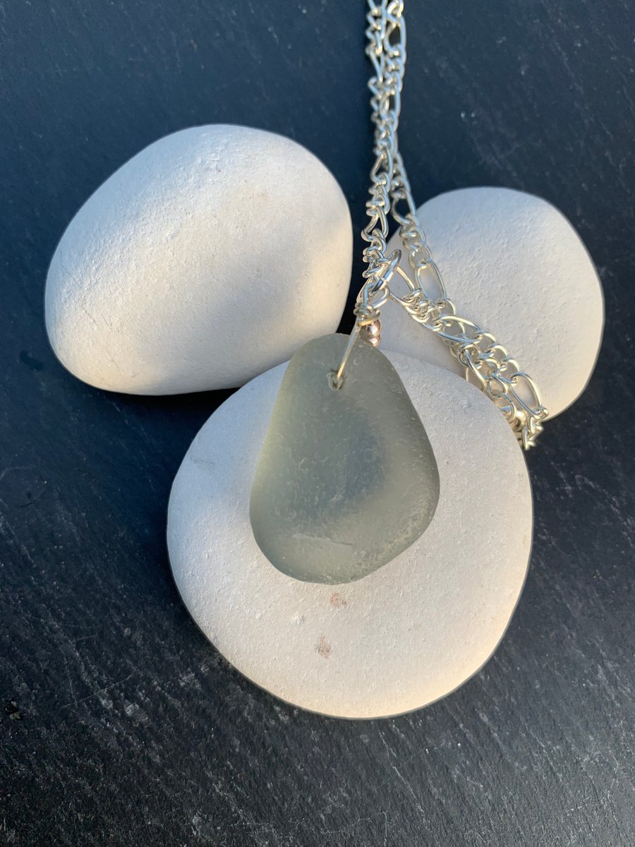 Grey seaglass pendant on silver plate chain
