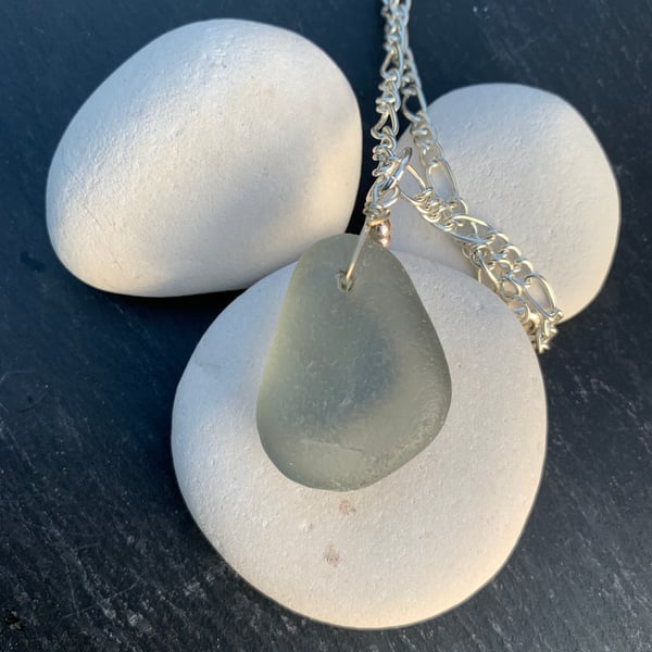 Grey seaglass pendant on silver plate chain