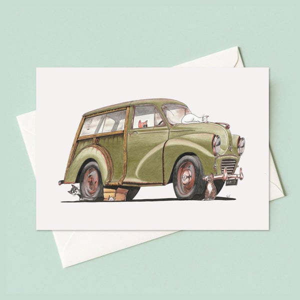 Moggies Greetings Card: Classic Morris Traveller and Cute Cats (324)