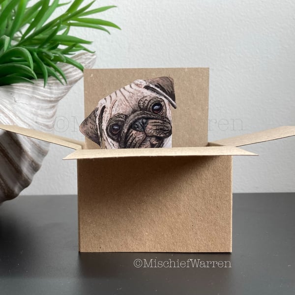 Pug in a Box Card. 3D blank or personalised for any occasion.