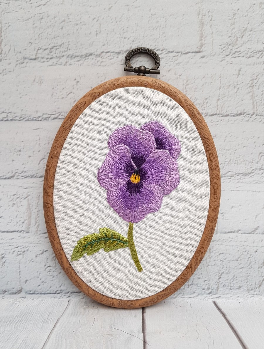 Pansy Hand Embroidered Floral Hoop Art