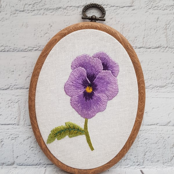 Pansy Hand Embroidered Floral Hoop Art