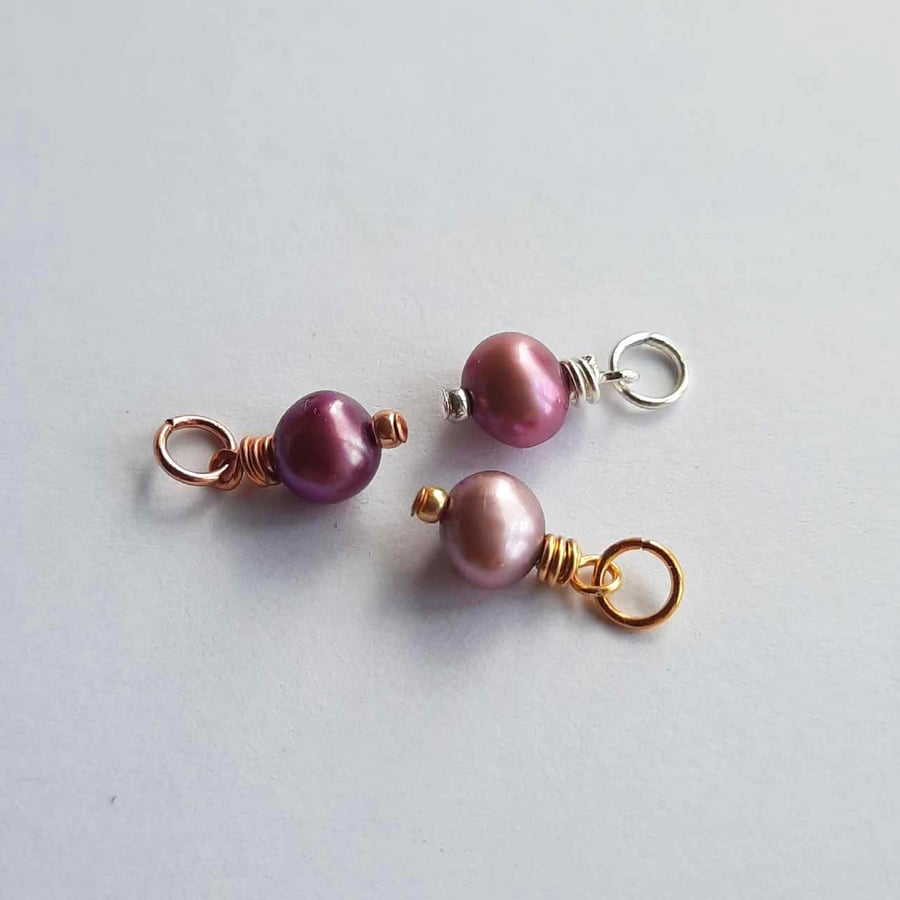 Purple Freshwater Pearl Gemstone Charm - June Birthstone - Wire Wrapped