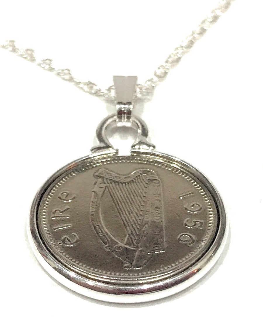 1956 65th Birthday Anniversary Irish Threepence coin pendant plus 18inch SS chai