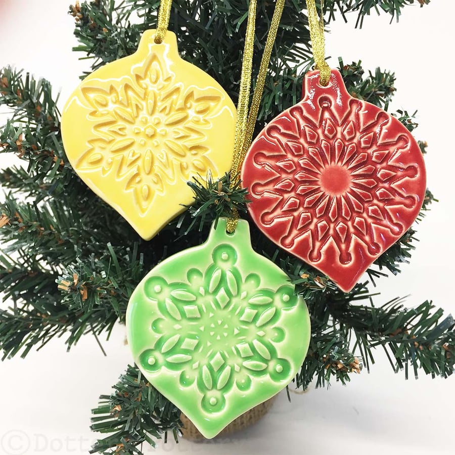 Christmas Baubles set of three pottery Bauble decorations 