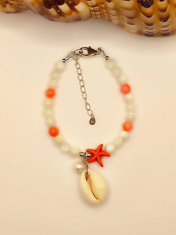 Mediterranean Coral & Mother Of Pearl Bracelet with Charms