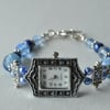 Handmade Beaded Watch with Blue Glass Beads & Swarovski Crystal