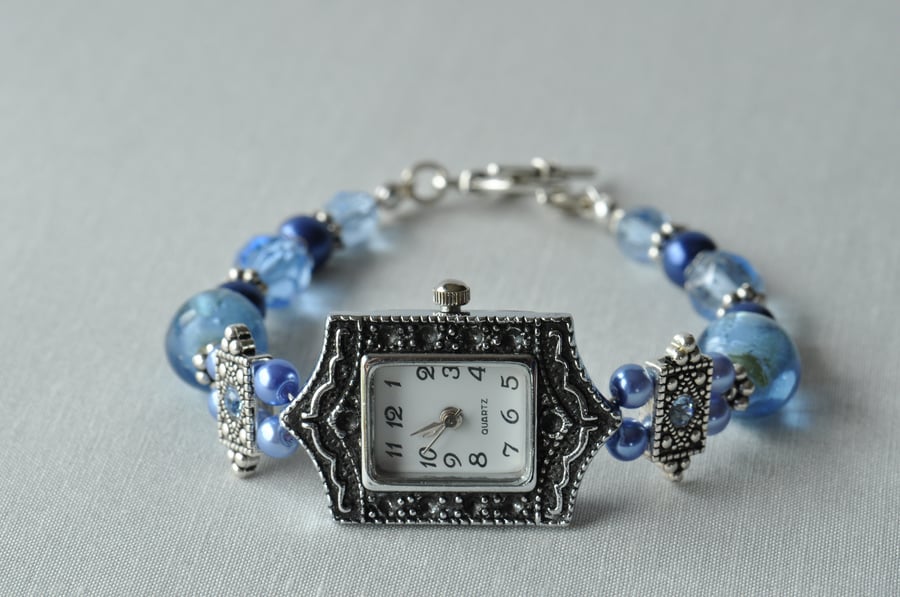 Handmade Beaded Watch with Blue Glass Beads & Swarovski Crystal