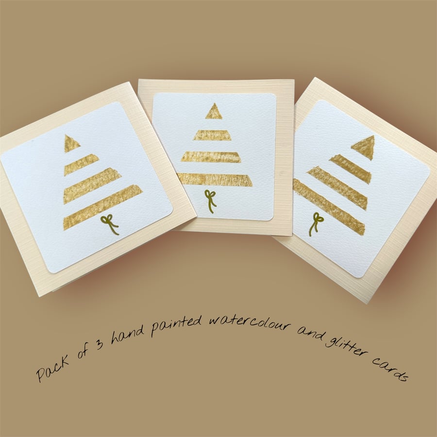 Pack of 3 Christmas cards, hand painted trees in a glittery metallic watercolour