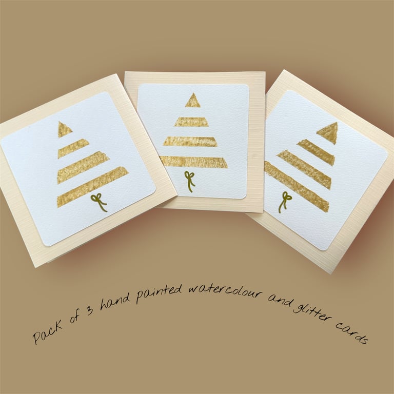 Pack of 3 Christmas cards, hand painted trees in a glittery metallic watercolour