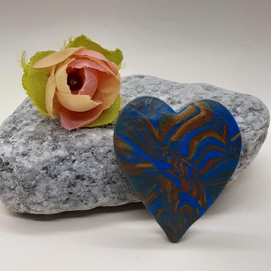 Heart shaped teal and gold polymer clay brooch