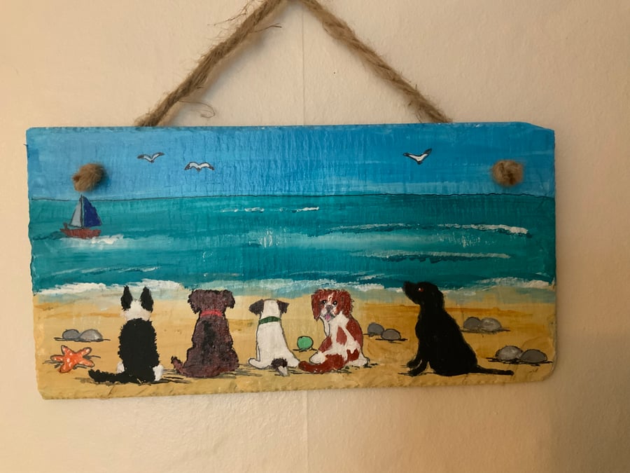 Painting. Acrylic. Dogs. Beach scene. Slate painting. 10” by 5”