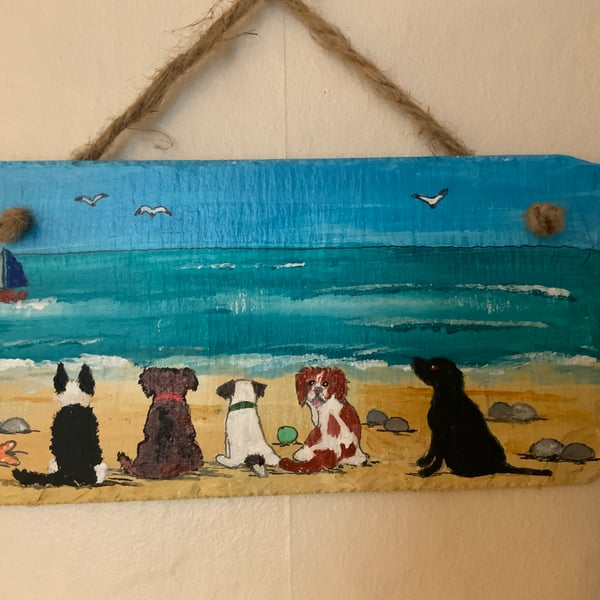 Painting. Acrylic. Dogs. Beach scene. Slate painting. 10” by 5”