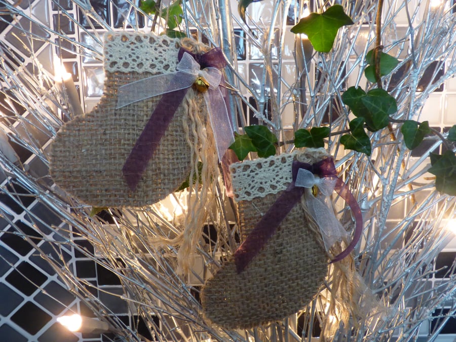 Jute Stocking Tree Decorations Purple Ribbon FREE POST