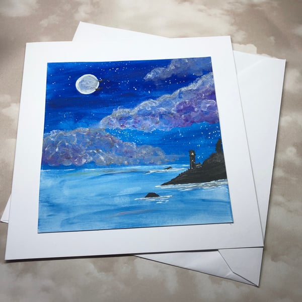 Greeting card art, lighthouse nightscape painting