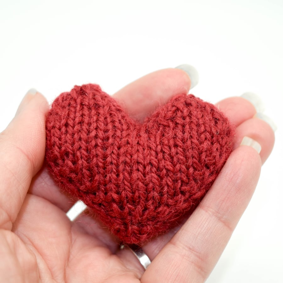 Hand knitted heart - pocket hug - burgundy red