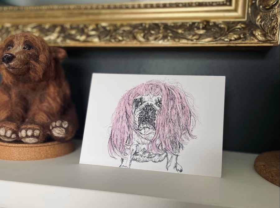 Girls Birthday card English bulldog pink Wig Print of Original Drawing A6