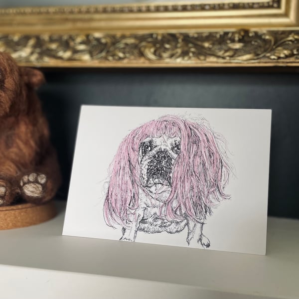 Girls Birthday card English bulldog pink Wig Print of Original Drawing A6