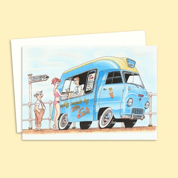 Seaside Ice Cream Van Greetings Card - Postcard Style Pencil Illustration (804)