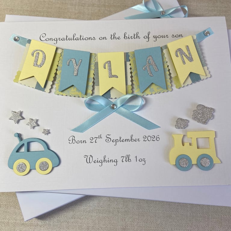 Personalised New Baby Boy Card Handmade Gift Boxed Keepsake 
