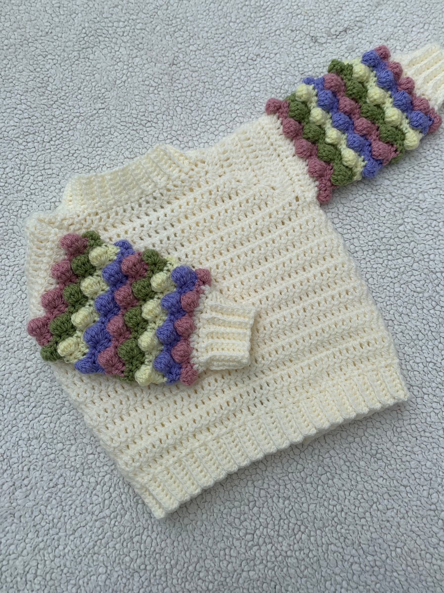 Cream Bobble Sleeve Jumper - Handmade Crochet Baby & Children's Jumper
