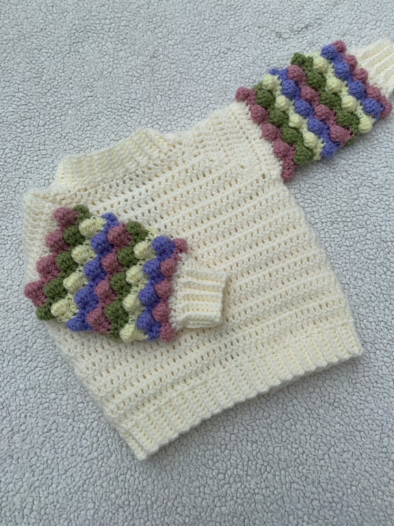 Cream Bobble Sleeve Jumper - Handmade Crochet Baby & Children's Jumper