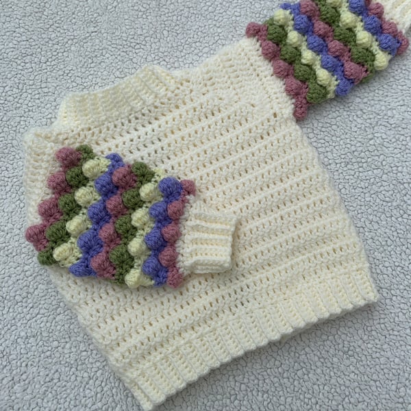 Cream Bobble Sleeve Jumper - Handmade Crochet Baby & Children's Jumper
