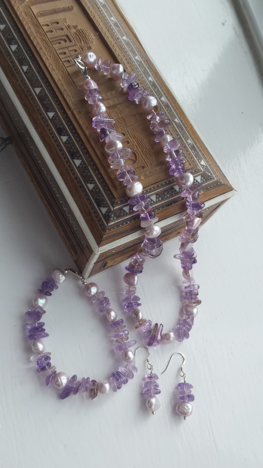 Ametrine and Lilac Pearl Necklace, Bracelet and Earrings Set