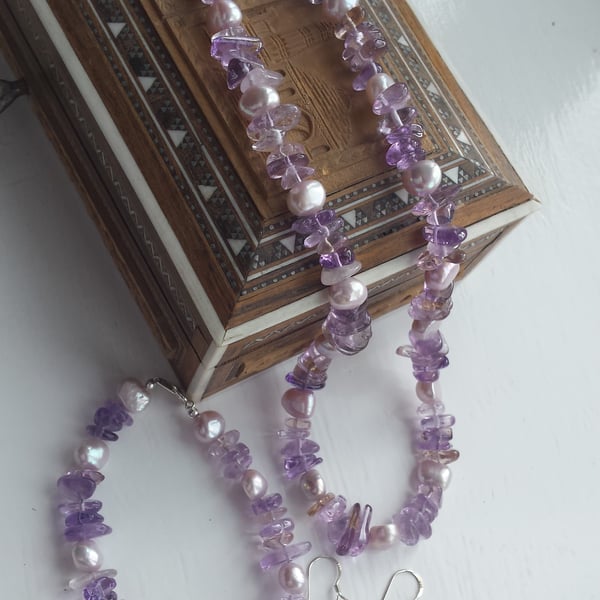 Ametrine and Lilac Pearl Necklace, Bracelet and Earrings Set