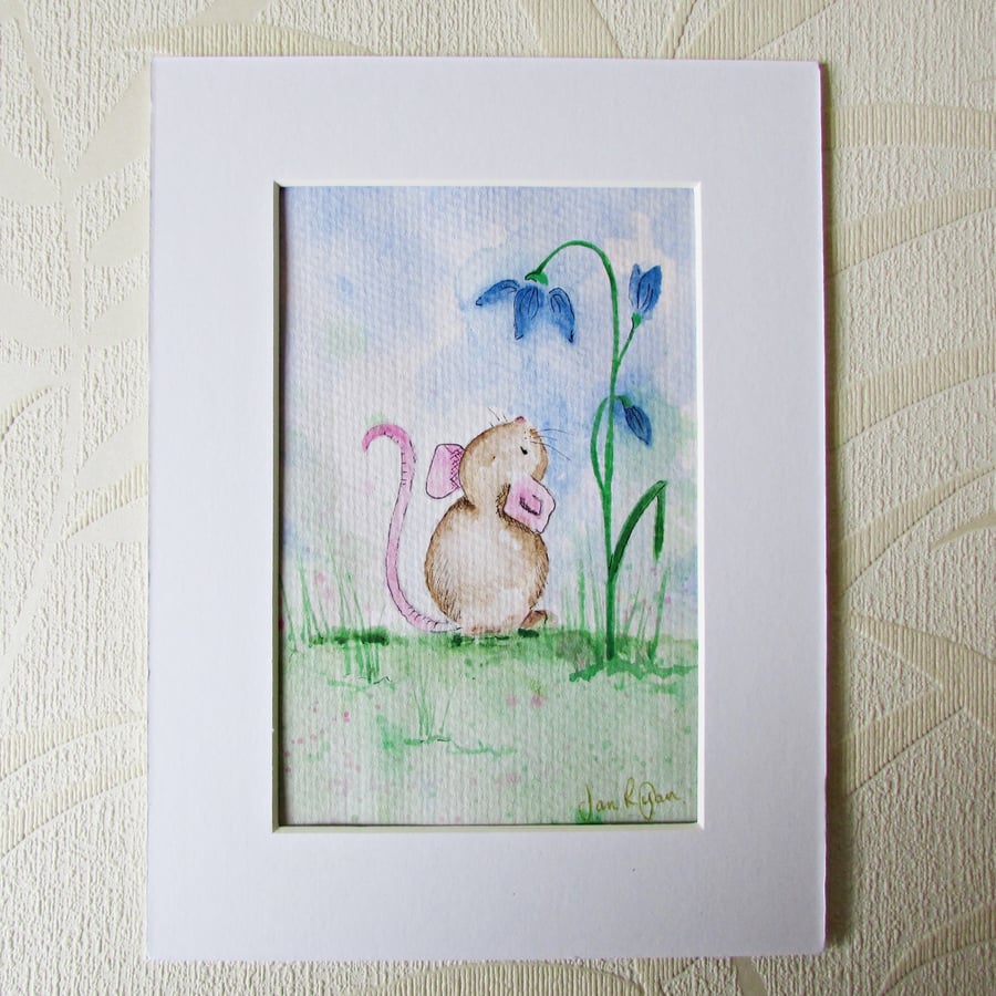 Tiny Mouse & Flower Painting, Nursery Art, 