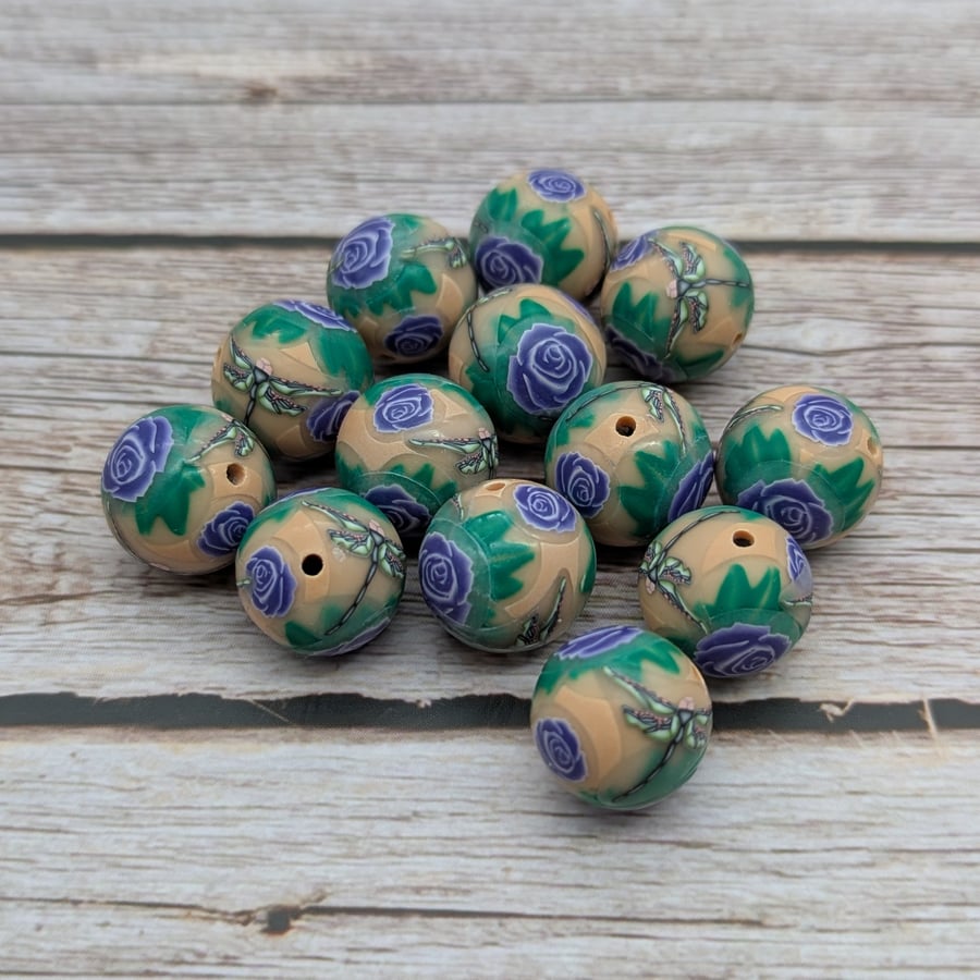 13 Polymer Clay Dragonfly and Rose Beads