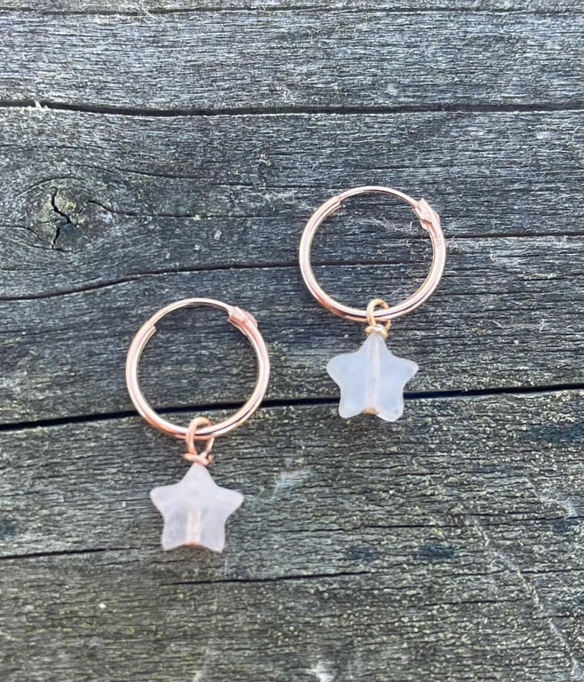9ct Rose Gold Hoops with Rose Quartz Stars