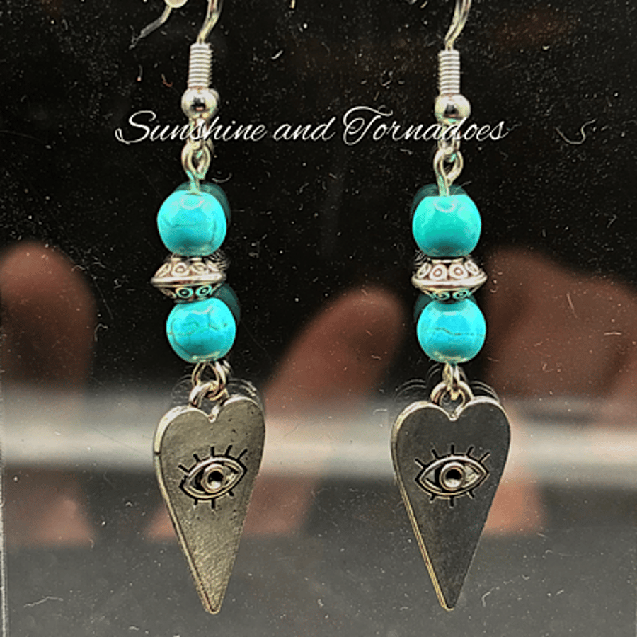 Turquoise Howlite & Evil Eye Earrings – Handmade Jewellery - Hypoallergenic.